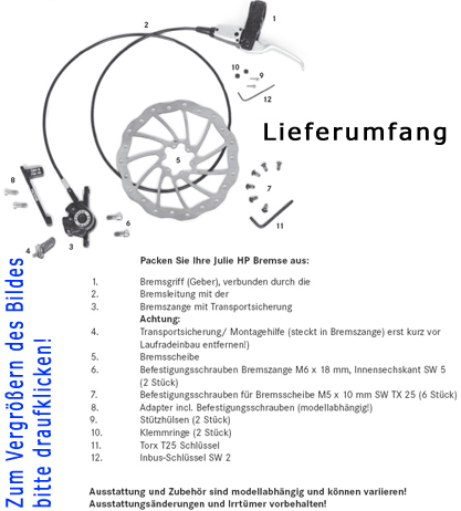 Lieferumfang der Scheibenbremse Julie hp