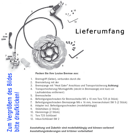 Lieferumfang der Scheibenbremse Louise, Louise BAT und Louise Carbon